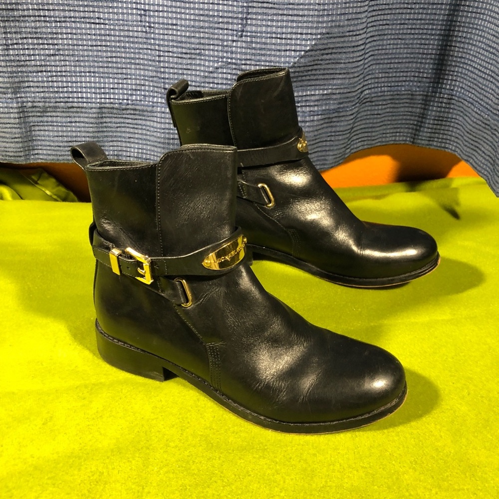 Michael Kors Black Leather Ankle Booties with Gold Hardware